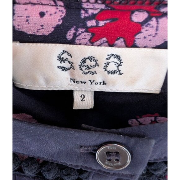 Sea New York Navy Silk Floral Lace Panel Button Up Coquette Blouse Size 2 - Picture 7 of 9